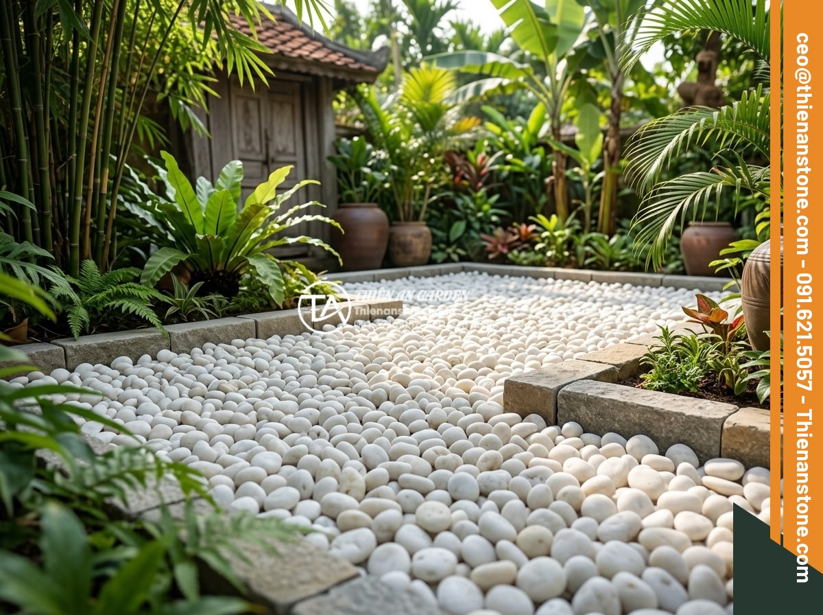 Kỹ Thuật Bo Viền Cho Khu Vực Rải Sỏi Không Bị Tràn Ra Ngoài - Hình 1 Kỹ Thuật Bo Viền Cho Khu Vực Rải Sỏi Không Bị Tràn Ra Ngoài - Detailed illustration of a well-defined gravel area in a Vietnamese garden with