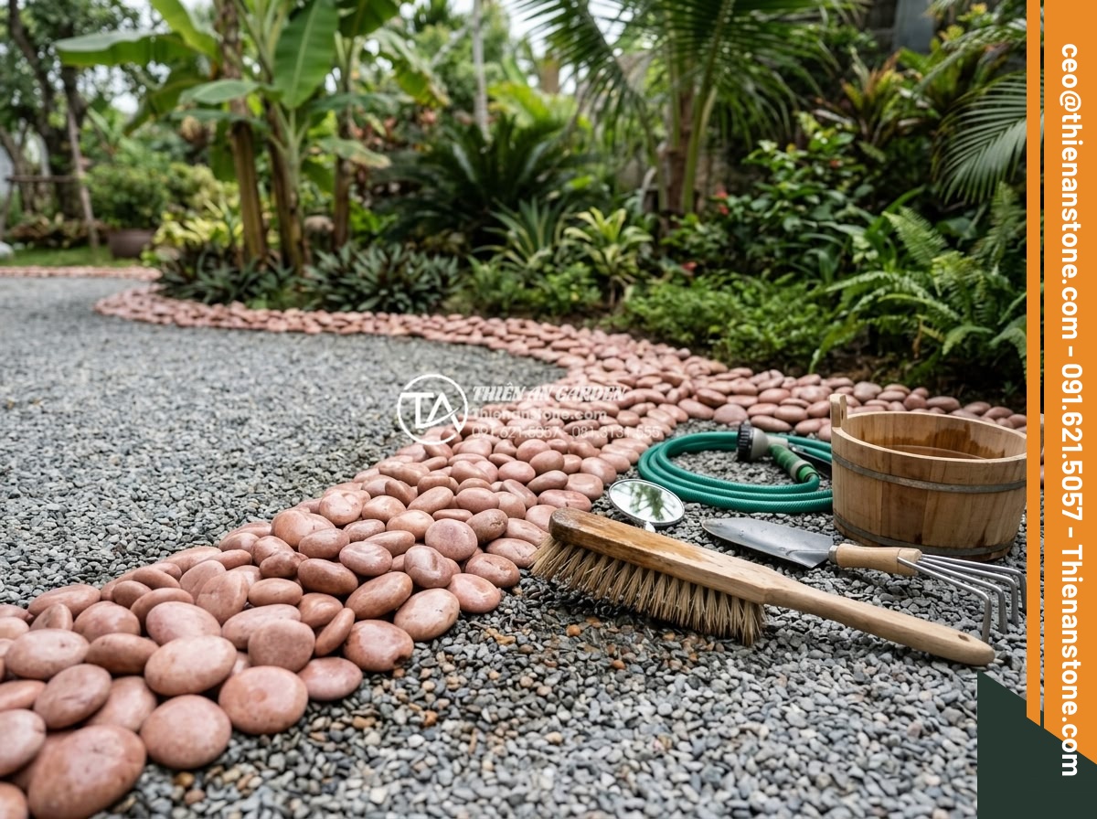 Kỹ Thuật Bo Viền Cho Khu Vực Rải Sỏi Không Bị Tràn Ra Ngoài - Hình 17 Kỹ Thuật Bo Viền Cho Khu Vực Rải Sỏi Không Bị Tràn Ra Ngoài - Maintenance process of stone garden edging around gravel areas with cleaning and
