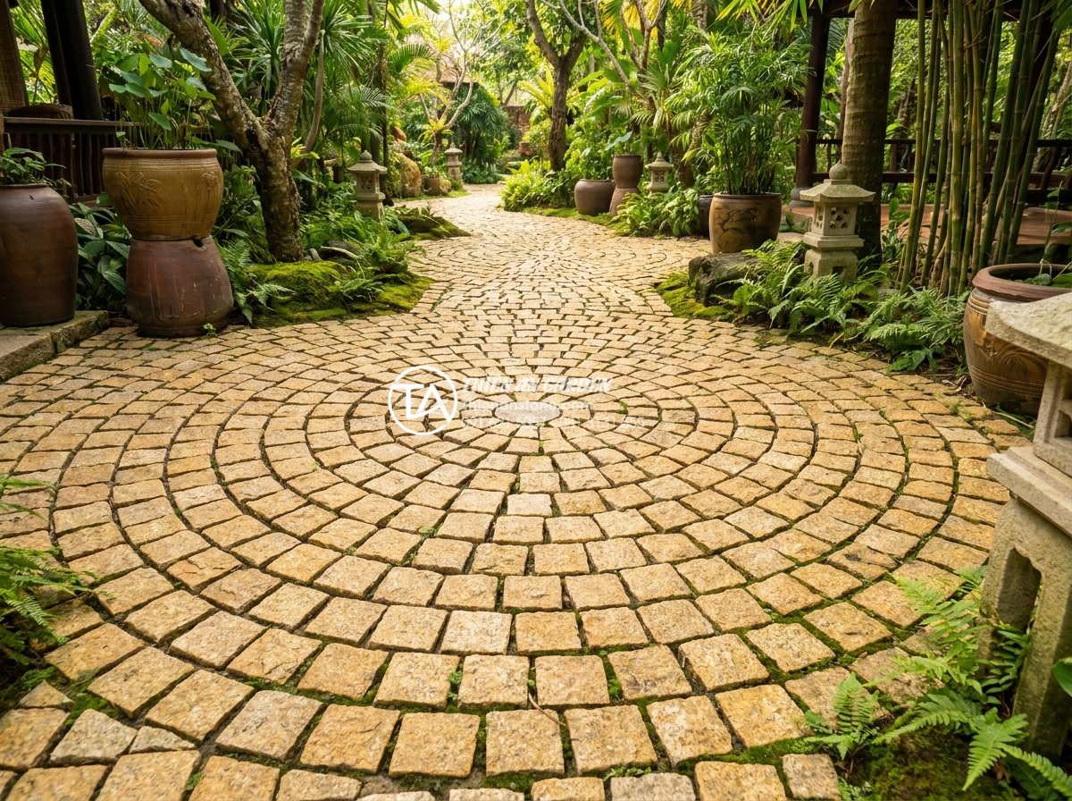 Kỹ thuật lát đá cubic kiểu cánh quạt (Fan Pattern): Đẳng cấp kiến trúc Châu Âu - High-resolution photograph of a luxurious European garden pathway paved with nat