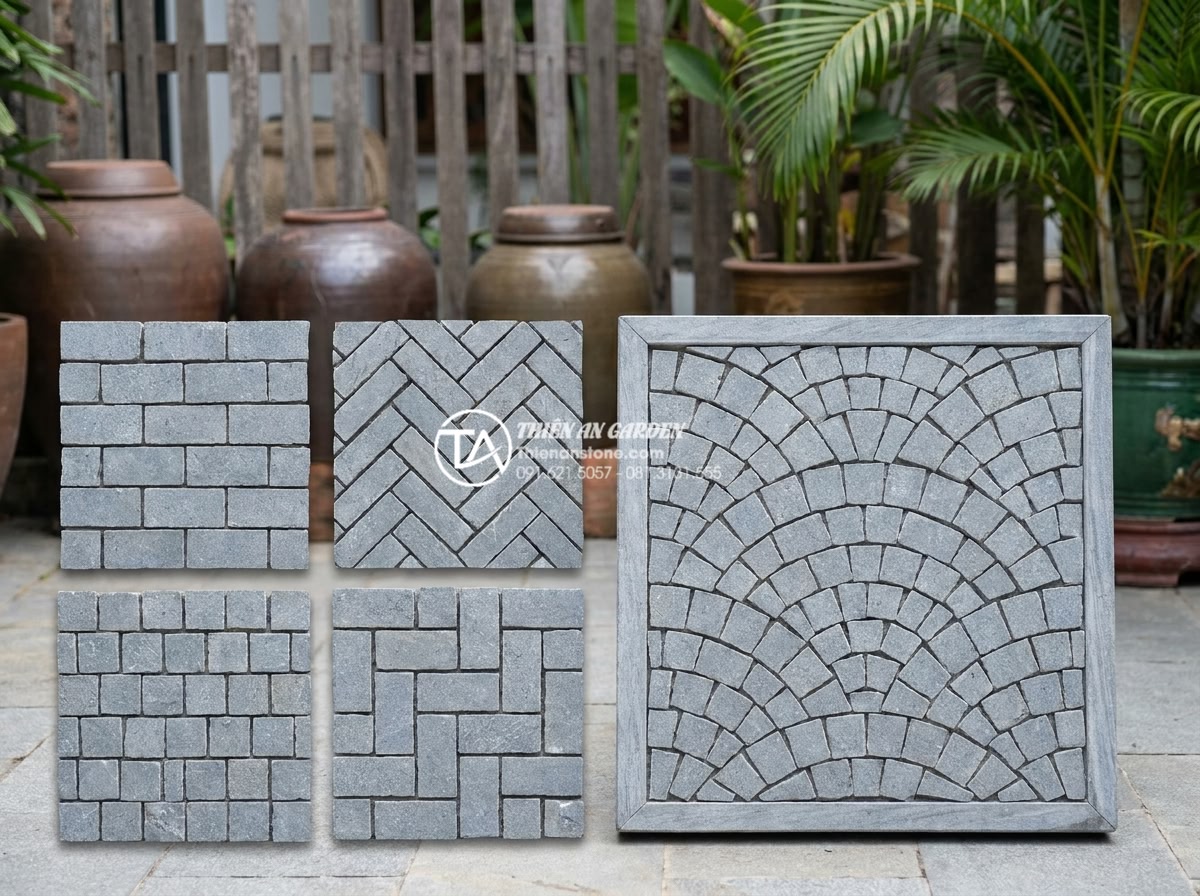 Kỹ thuật lát đá cubic kiểu cánh quạt (Fan Pattern): Đẳng cấp kiến trúc Châu Âu - Infographic style visual comparing various cubic stone laying patterns with focu