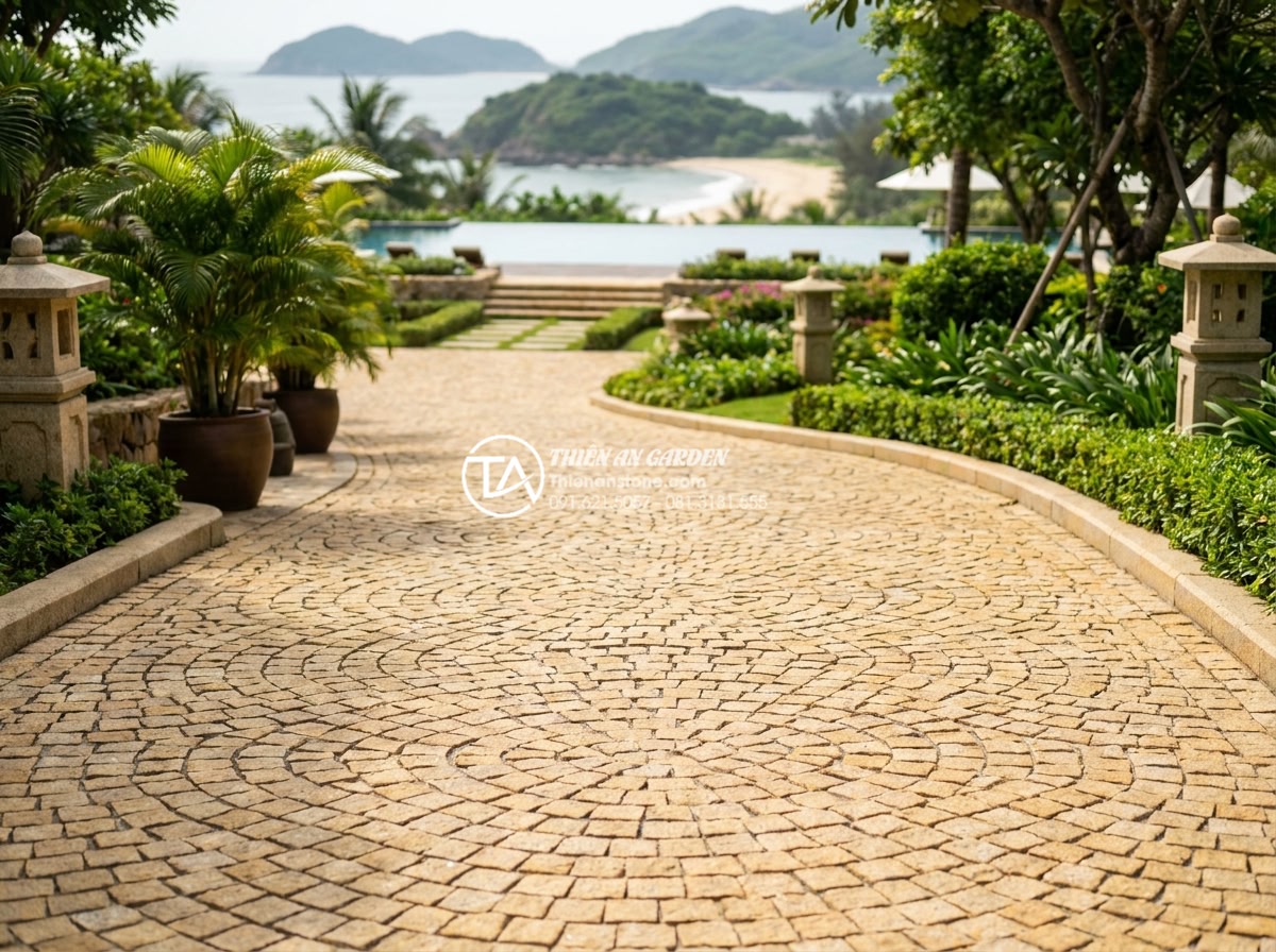 Kỹ thuật lát đá cubic kiểu cánh quạt (Fan Pattern): Đẳng cấp kiến trúc Châu Âu - Showcase of completed projects by Da Canh Thien An featuring elegant fan pattern