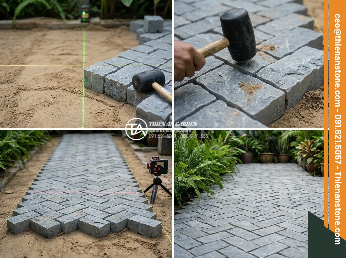Kỹ thuật lát đá cubic kiểu xương cá (Herringbone) tạo hiệu ứng chiều sâu - Hình 5 Kỹ thuật lát đá cubic kiểu xương cá (Herringbone) tạo hiệu ứng chiều sâu - Step-by-step construction sequence of herringbone cubic stone paving: workers ca