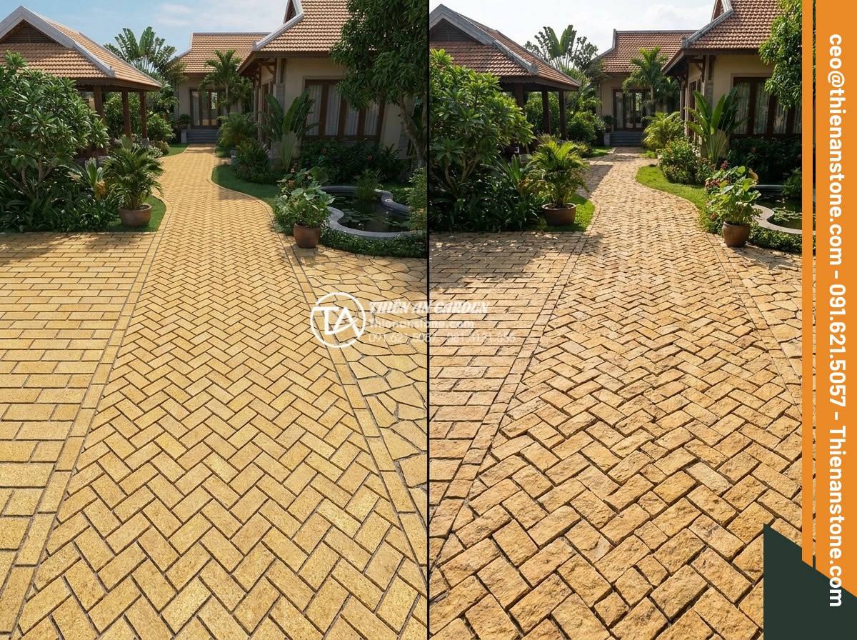 Kỹ thuật lát đá cubic kiểu xương cá (Herringbone) tạo hiệu ứng chiều sâu - Hình 6 Kỹ thuật lát đá cubic kiểu xương cá (Herringbone) tạo hiệu ứng chiều sâu - Architectural 3D rendering and real photo comparison of different paving pattern