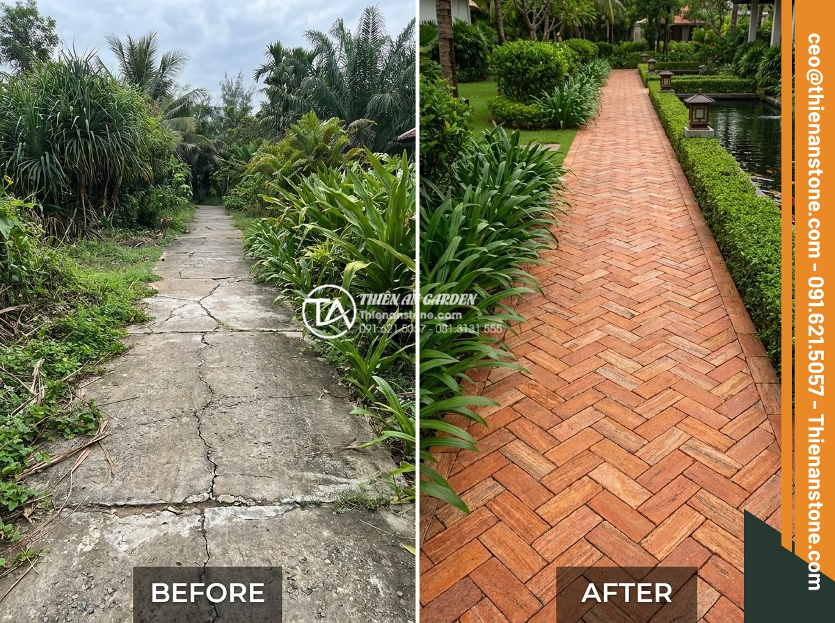 Kỹ thuật lát đá cubic kiểu xương cá (Herringbone) tạo hiệu ứng chiều sâu - Hình 7 Kỹ thuật lát đá cubic kiểu xương cá (Herringbone) tạo hiệu ứng chiều sâu - Before and after photos of a luxury resort garden pathway: left side shows uneve
