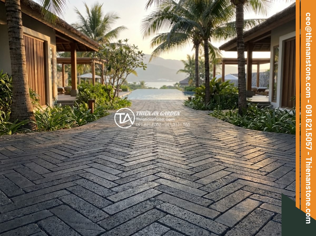 Kỹ thuật lát đá cubic kiểu xương cá (Herringbone) tạo hiệu ứng chiều sâu - Hình 8 Kỹ thuật lát đá cubic kiểu xương cá (Herringbone) tạo hiệu ứng chiều sâu - Stunning real-life application of herringbone cubic stone paving in a high-end V