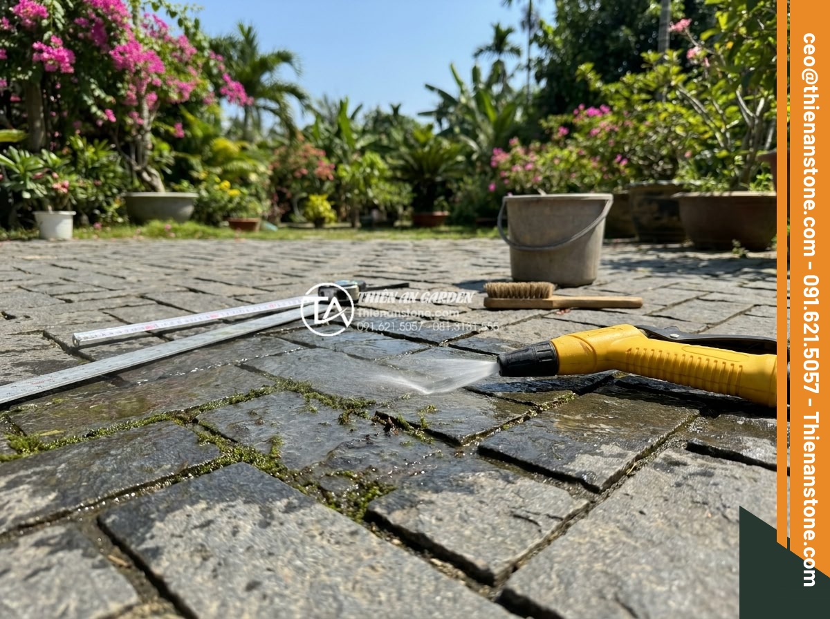 Kỹ thuật lát đá cubic kiểu xương cá (Herringbone) tạo hiệu ứng chiều sâu - Hình 9 Kỹ thuật lát đá cubic kiểu xương cá (Herringbone) tạo hiệu ứng chiều sâu - Maintenance scene of herringbone cubic stone pathway: professional cleaner using
