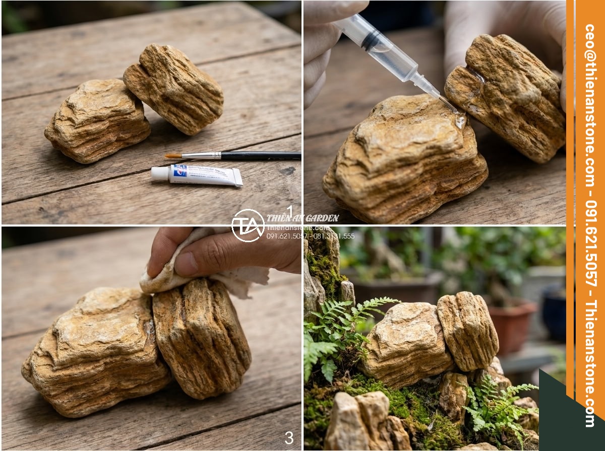 Làm thế nào để gắn đá cổ thạch chắc chắn mà không lộ vết keo? - Step-by-step sequence photos showing precise hidden glue application on ancient 
