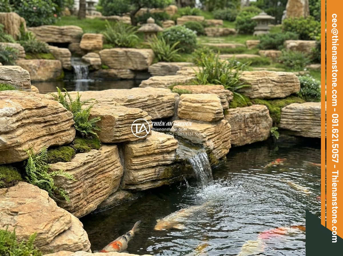 Làm thế nào để gắn đá cổ thạch chắc chắn mà không lộ vết keo? - Integrated stone bonding technique around Koi pond with hidden glue and water fl