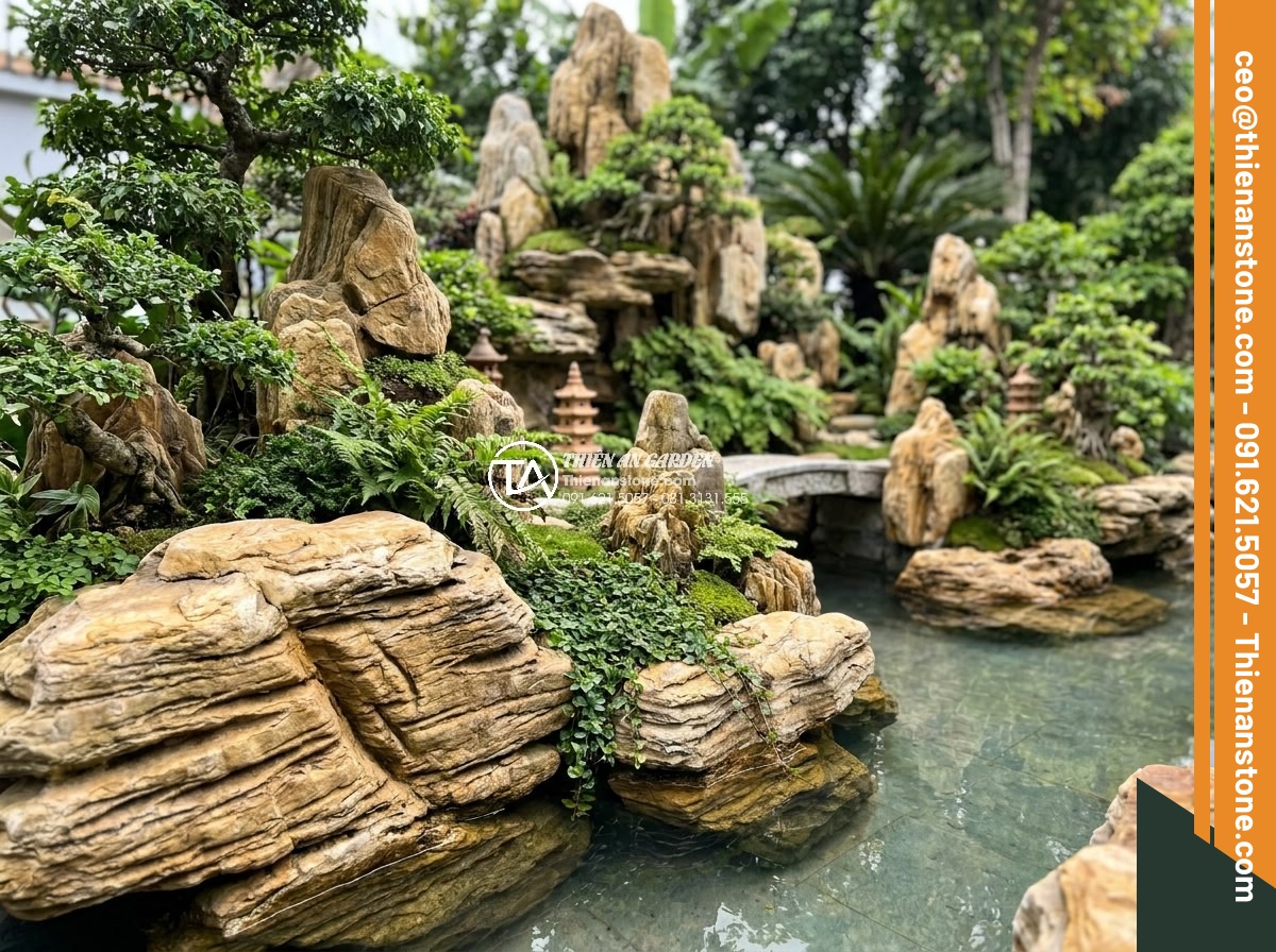 Làm thế nào để gắn đá cổ thạch chắc chắn mà không lộ vết keo? - Wide panoramic view of a complete traditional Vietnamese non bo rockery garden f