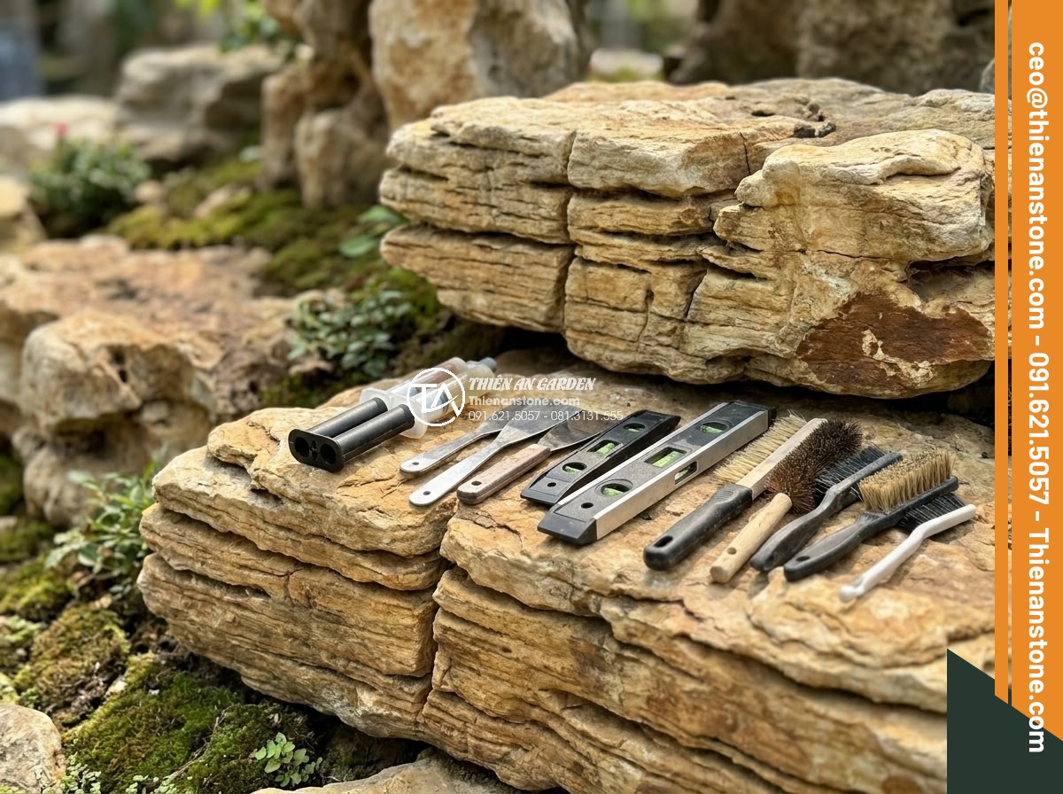 Làm thế nào để gắn đá cổ thạch chắc chắn mà không lộ vết keo? - Professional toolkit laid out for ancient stone bonding including epoxy glue gun