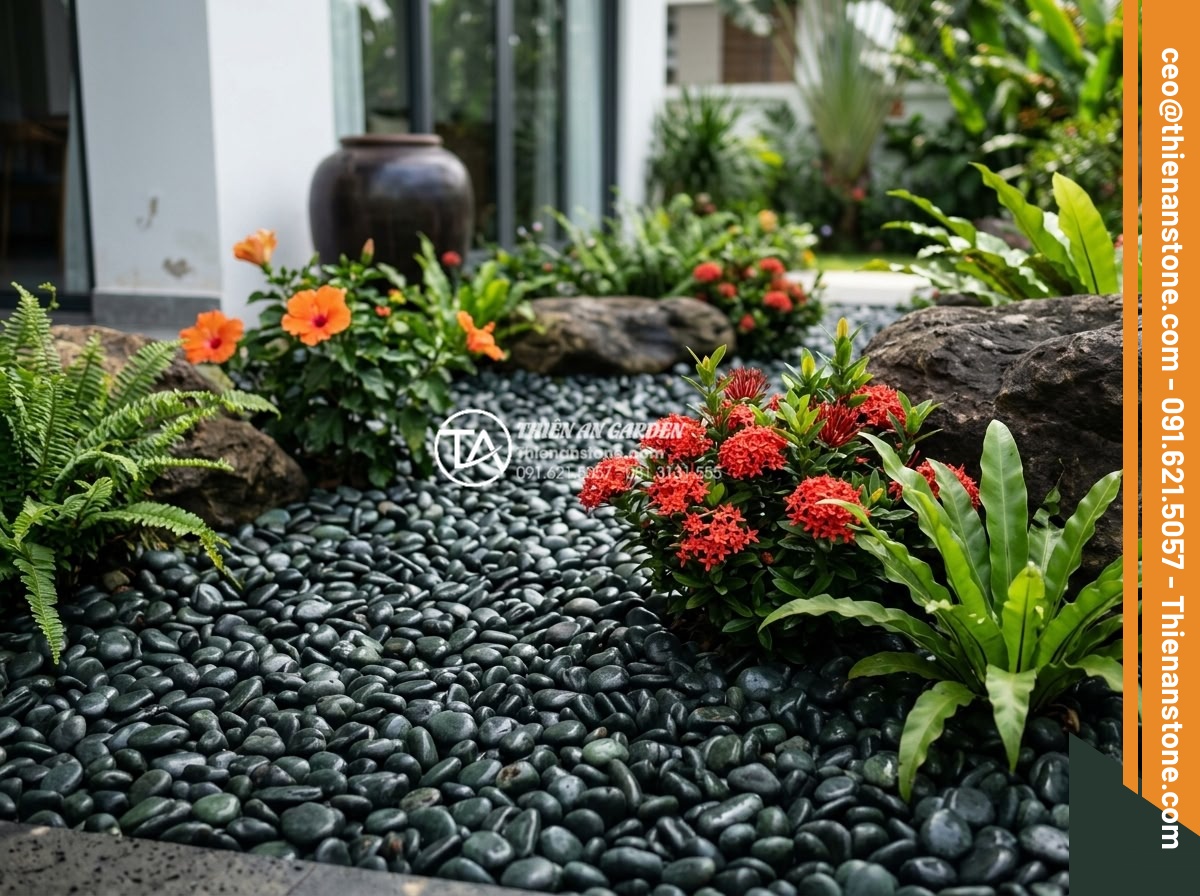 Lợi Ích Của Việc Rải Sỏi Giúp Giữ Ẩm Cho Cây Sân Vườn - Hình 13 Lợi Ích Của Việc Rải Sỏi Giúp Giữ Ẩm Cho Cây Sân Vườn - Aesthetically pleasing modern garden design featuring decorative pebble mulch ar