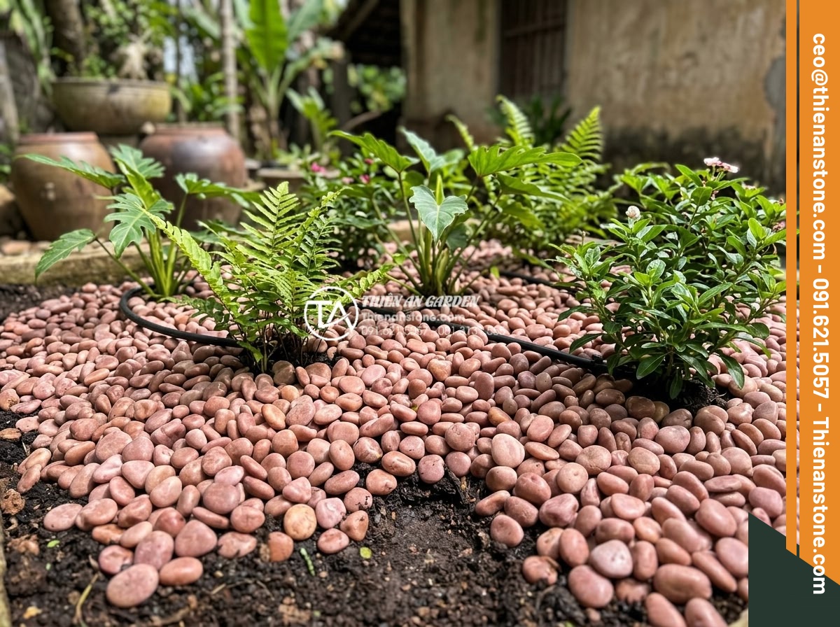 Lợi Ích Của Việc Rải Sỏi Giúp Giữ Ẩm Cho Cây Sân Vườn - Hình 18 Lợi Ích Của Việc Rải Sỏi Giúp Giữ Ẩm Cho Cây Sân Vườn - Eco-friendly pebble mulch installation emphasizing sustainable gardening practic