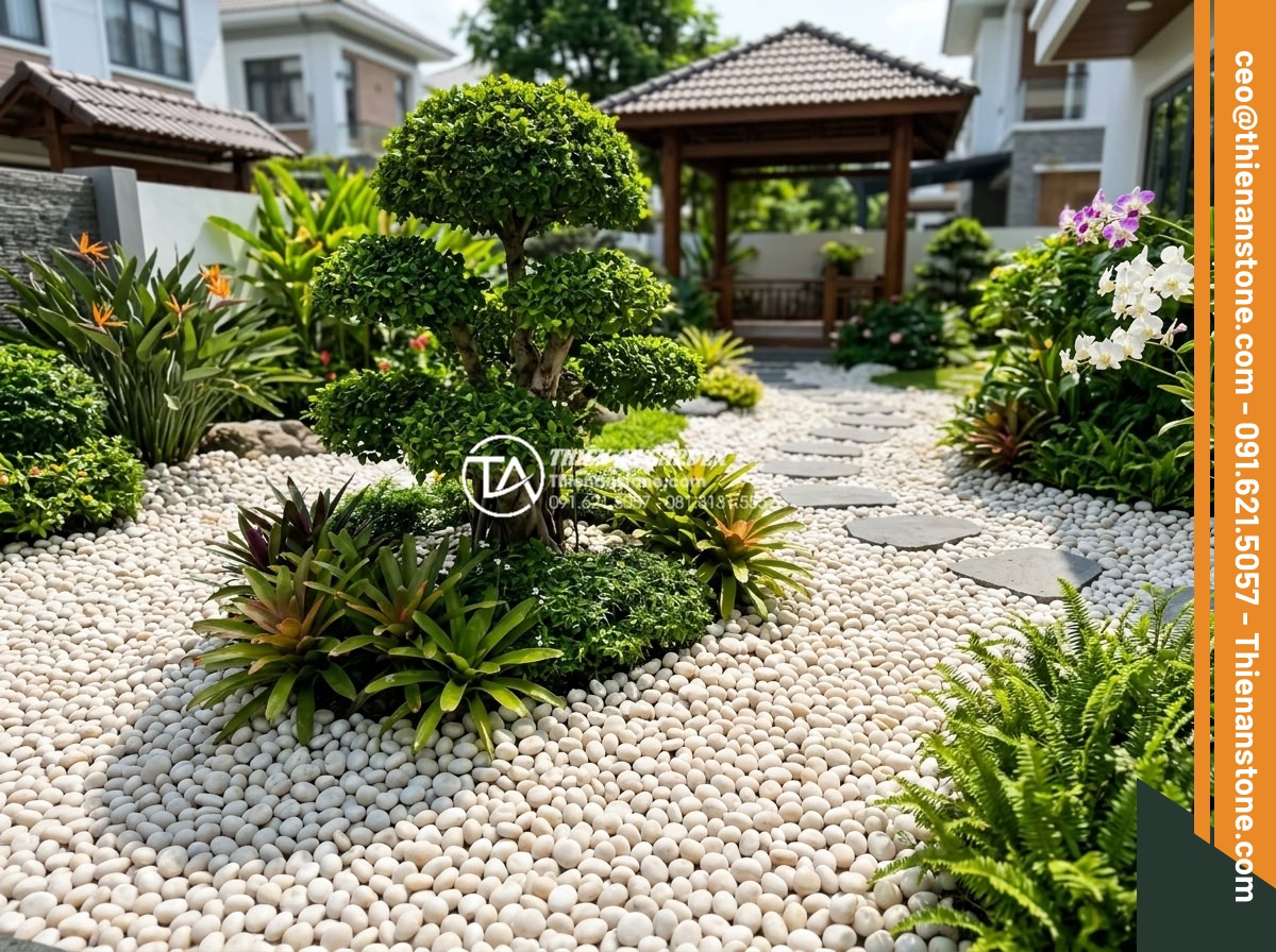 Lợi Ích Của Việc Rải Sỏi Giúp Giữ Ẩm Cho Cây Sân Vườn - Hình 2 Lợi Ích Của Việc Rải Sỏi Giúp Giữ Ẩm Cho Cây Sân Vườn - Wide angle shot of a modern Vietnamese garden with pebbles raked neatly around o