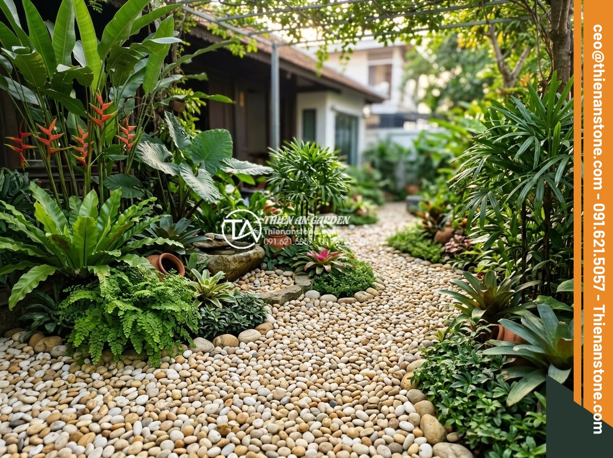Lợi Ích Của Việc Rải Sỏi Giúp Giữ Ẩm Cho Cây Sân Vườn - Hình 20 Lợi Ích Của Việc Rải Sỏi Giúp Giữ Ẩm Cho Cây Sân Vườn - Happy clients in a completed pebble-mulched garden designed by Thien An Stone, w