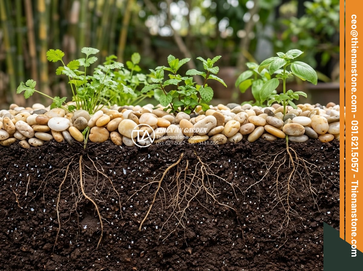 Lợi Ích Của Việc Rải Sỏi Giúp Giữ Ẩm Cho Cây Sân Vườn - Hình 3 Lợi Ích Của Việc Rải Sỏi Giúp Giữ Ẩm Cho Cây Sân Vườn - Scientific illustration style image showing cross-section of soil with pebble mu