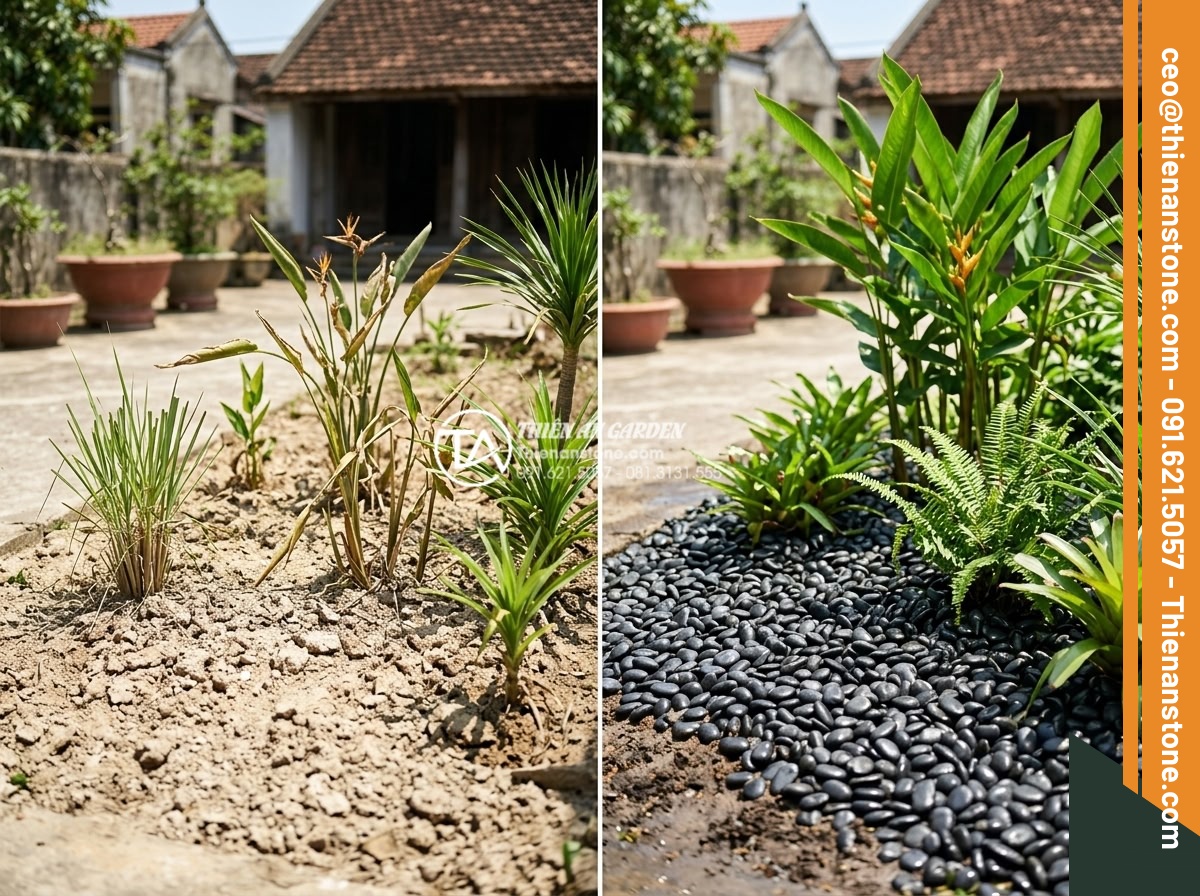 Lợi Ích Của Việc Rải Sỏi Giúp Giữ Ẩm Cho Cây Sân Vườn - Hình 5 Lợi Ích Của Việc Rải Sỏi Giúp Giữ Ẩm Cho Cây Sân Vườn - Before and after comparison of garden with pebble mulch showing drier soil witho