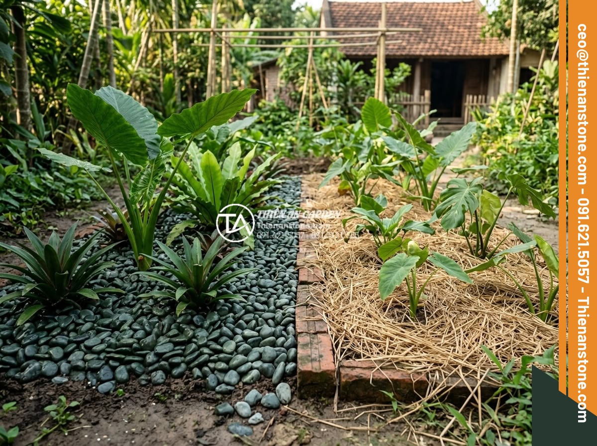 Lợi Ích Của Việc Rải Sỏi Giúp Giữ Ẩm Cho Cây Sân Vườn - Hình 7 Lợi Ích Của Việc Rải Sỏi Giúp Giữ Ẩm Cho Cây Sân Vườn - Side-by-side comparison image of garden beds: one with pebble mulch retaining mo
