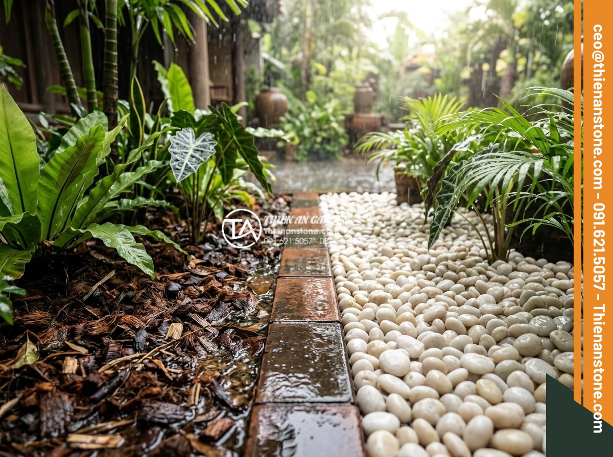 Lợi Ích Của Việc Rải Sỏi Giúp Giữ Ẩm Cho Cây Sân Vườn - Hình 8 Lợi Ích Của Việc Rải Sỏi Giúp Giữ Ẩm Cho Cây Sân Vườn - Vietnamese tropical garden contrasting pebble mulch effectiveness against organi