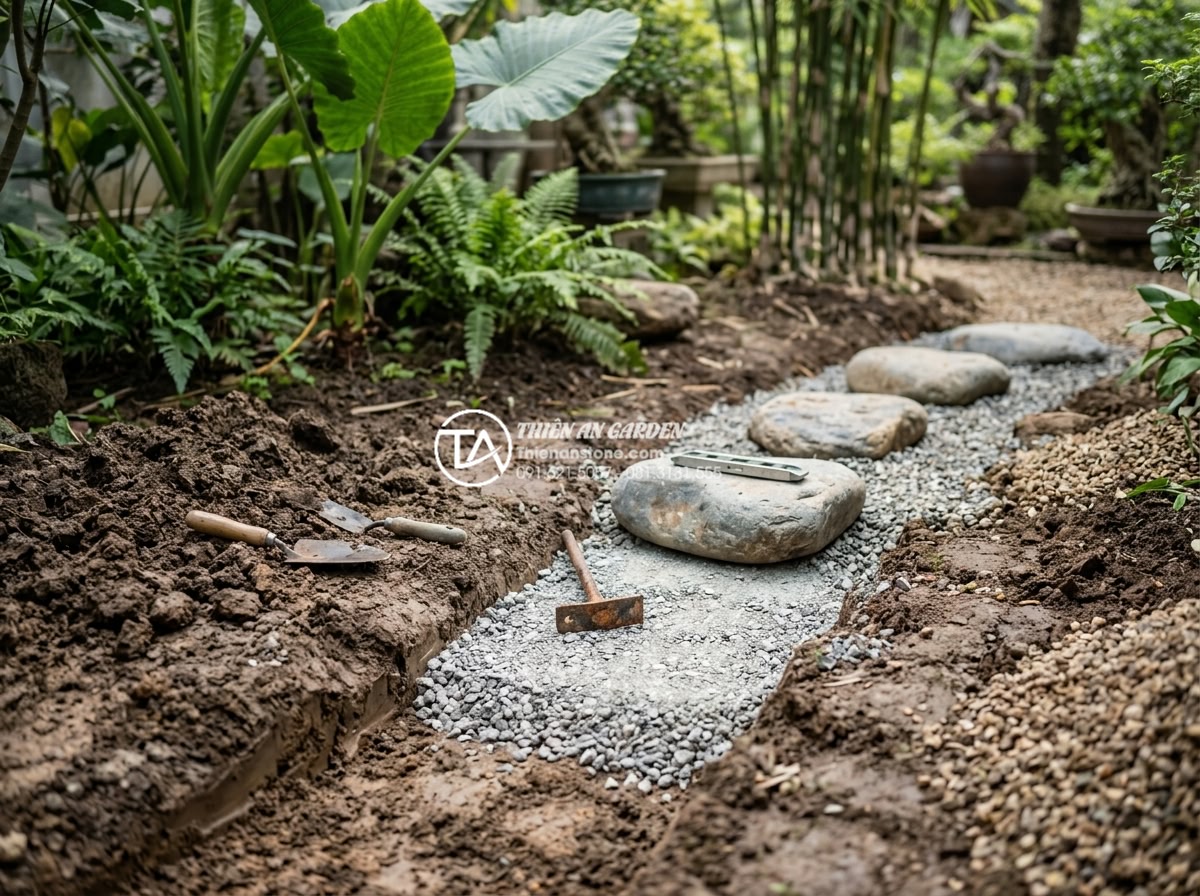 Lỗi thường gặp khi tự lát đá bước dạo tại nhà và cách khắc phục - Step-by-step excavation and foundation preparation for installing natural steppi
