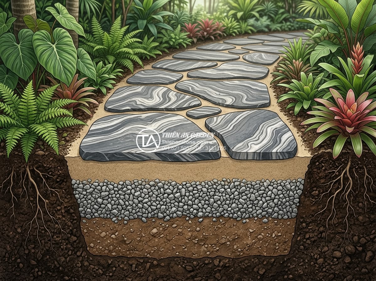 Lỗi thường gặp khi tự lát đá bước dạo tại nhà và cách khắc phục - Cross-section diagram illustration of properly prepared garden ground base with 