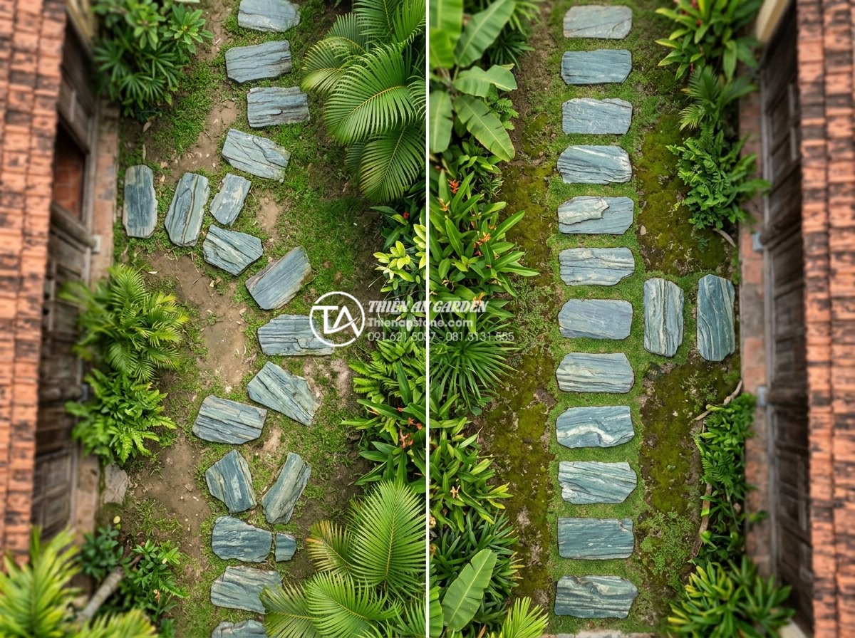 Lỗi thường gặp khi tự lát đá bước dạo tại nhà và cách khắc phục - Aerial view of incorrectly spaced stepping stones causing awkward walking path i