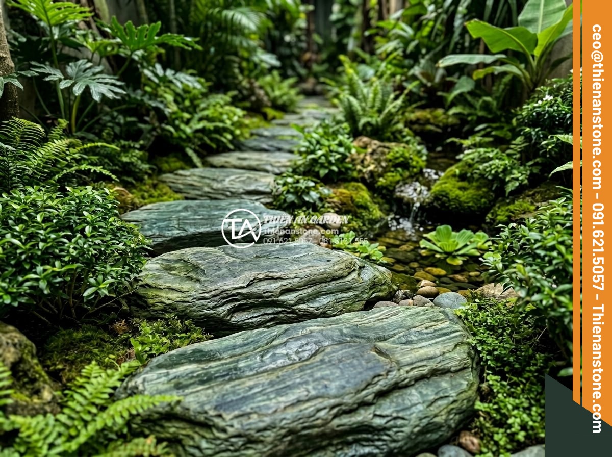 Lựa chọn đá dặm bước cho sân vườn nhỏ hẹp: Bí quyết nới rộng không gian - Close-up view of natural granite stepping stones arranged in a curved path throu