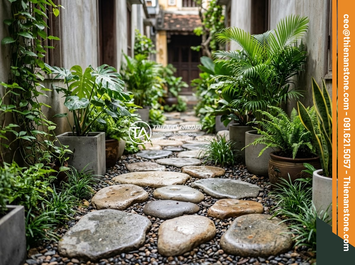 Lựa chọn đá dặm bước cho sân vườn nhỏ hẹp: Bí quyết nới rộng không gian - Trendy stepping stone samples in small narrow garden including mixed sizes and c