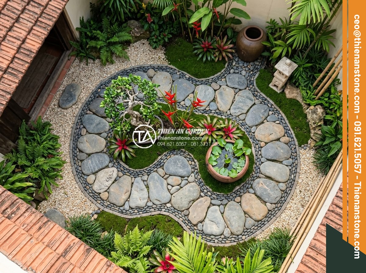 Lựa chọn đá dặm bước cho sân vườn nhỏ hẹp: Bí quyết nới rộng không gian - Aerial view of optimally arranged stepping stones in small garden demonstrating 