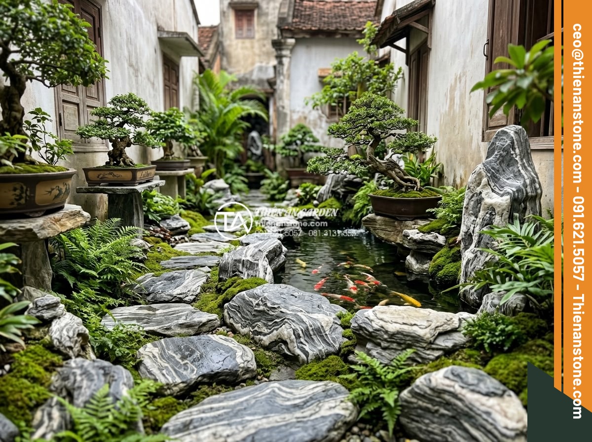 Lựa chọn đá dặm bước cho sân vườn nhỏ hẹp: Bí quyết nới rộng không gian - Integrated garden scene with natural stepping stones combined with small Koi pon