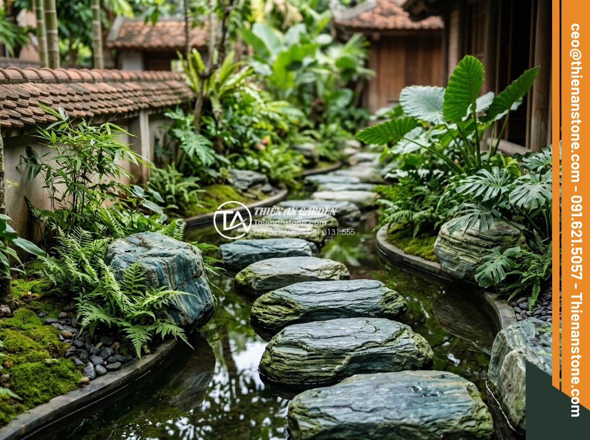 Lựa chọn đá dặm bước cho sân vườn nhỏ hẹp: Bí quyết nới rộng không gian - Creative combination of stepping stones with water features and greenery in comp