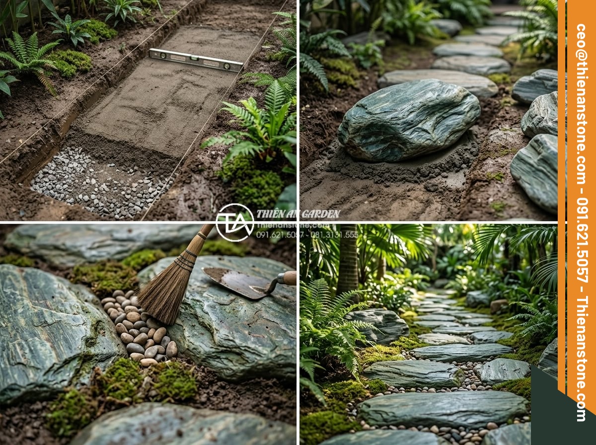 Lựa chọn đá dặm bước cho sân vườn nhỏ hẹp: Bí quyết nới rộng không gian - Step-by-step professional installation process photos of laying natural stepping