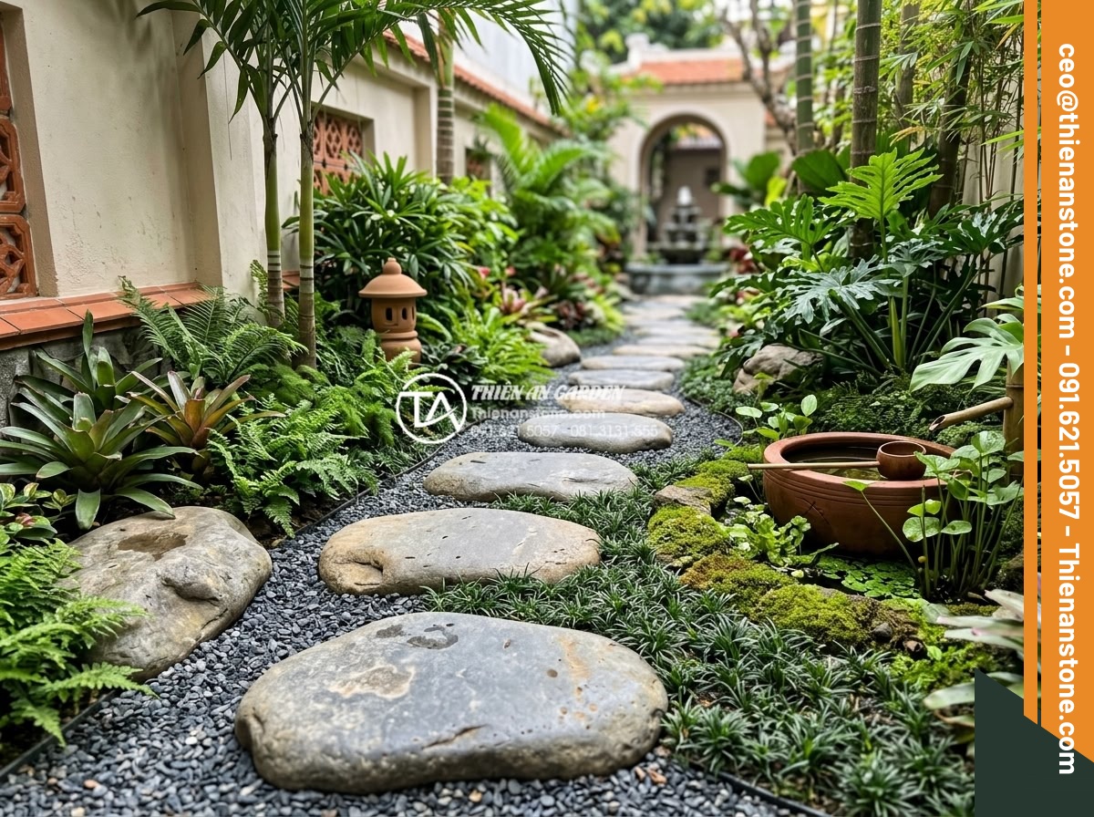 Lựa chọn đá dặm bước cho sân vườn nhỏ hẹp: Bí quyết nới rộng không gian - Completed professional installation of stepping stones in narrow garden showing 