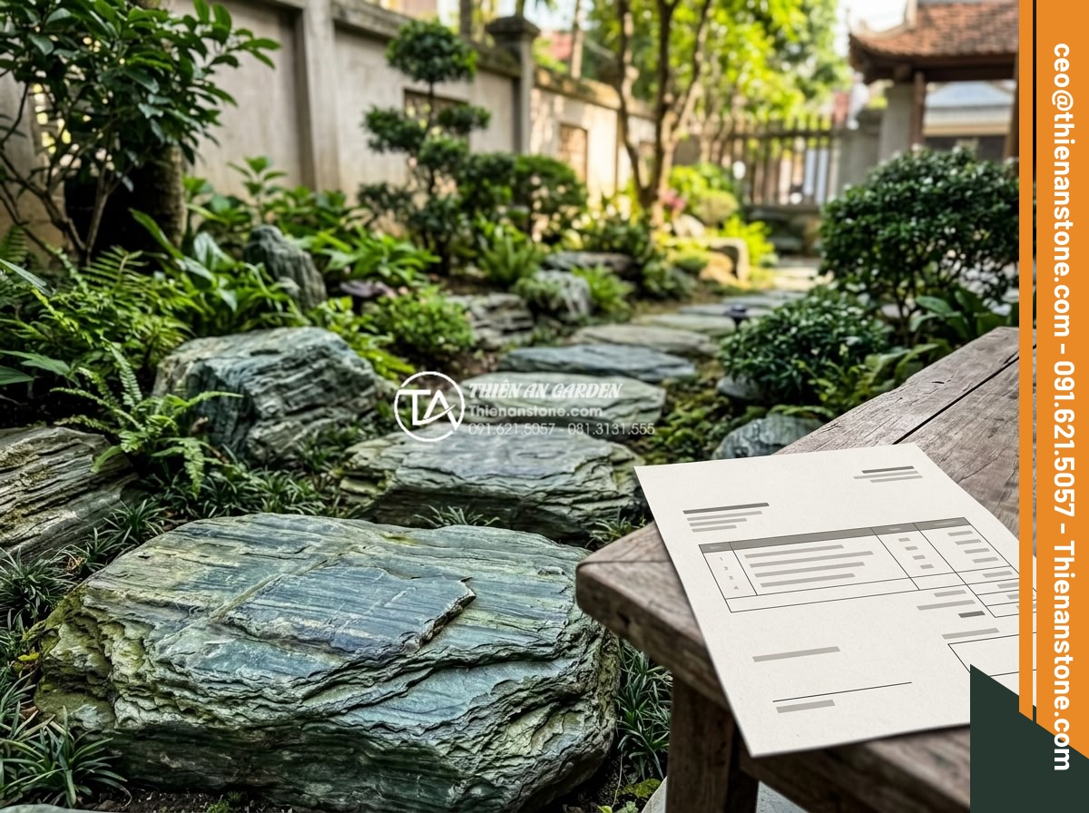 Lựa chọn đá dặm bước cho sân vườn nhỏ hẹp: Bí quyết nới rộng không gian - Professional quote document style image alongside finished small garden with ste