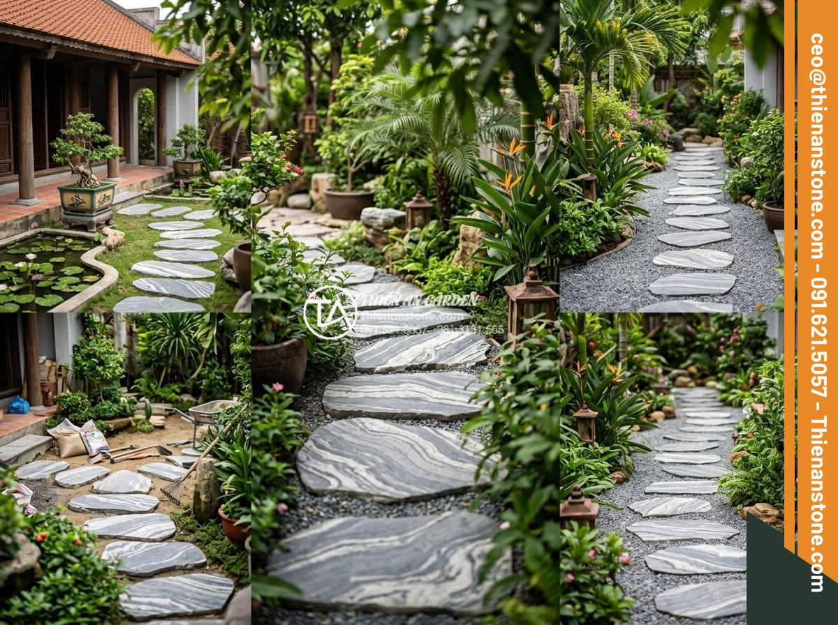 Lựa chọn đá dặm bước cho sân vườn nhỏ hẹp: Bí quyết nới rộng không gian - Company showcase image of Đá Cảnh Thiên An team installing stepping stones in va