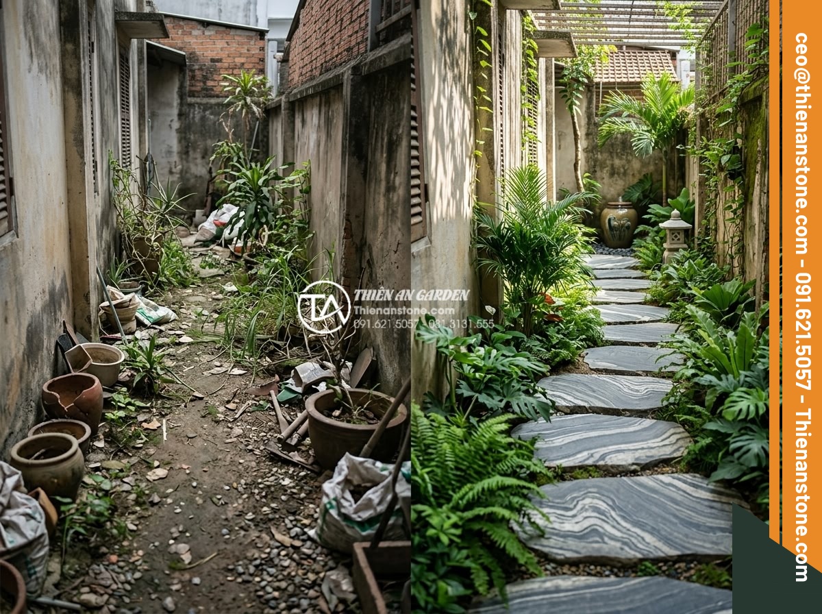 Lựa chọn đá dặm bước cho sân vườn nhỏ hẹp: Bí quyết nới rộng không gian - Before and after comparison of a narrow garden space: left side cluttered withou