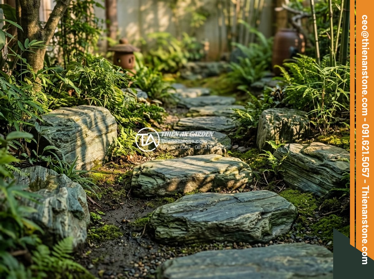 Lựa chọn đá dặm bước cho sân vườn nhỏ hẹp: Bí quyết nới rộng không gian - Detailed view of stepping stones in small garden enhancing space perception with