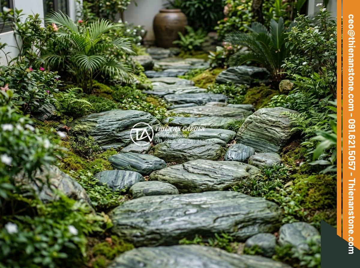 Lựa chọn đá dặm bước cho sân vườn nhỏ hẹp: Bí quyết nới rộng không gian - Realistic installation example of mixed natural stones as stepping stones in a c