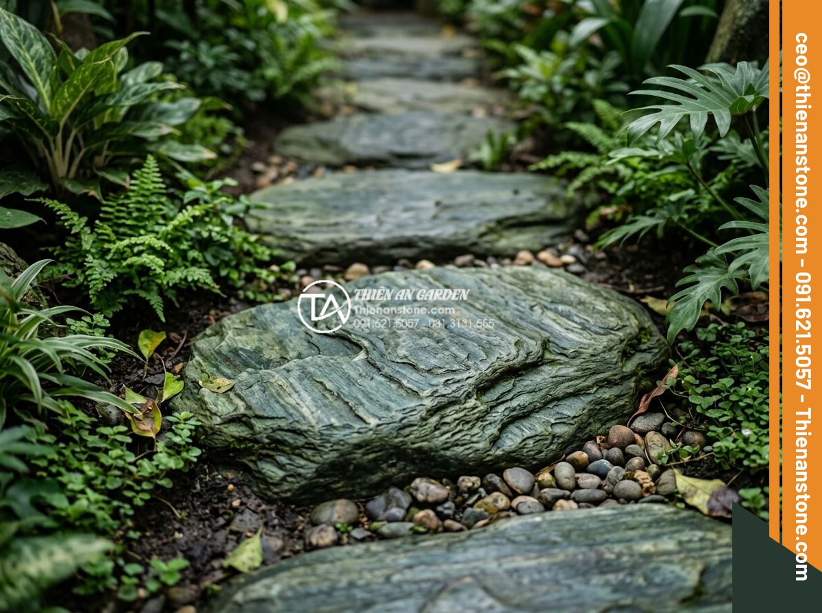 Lựa chọn đá dặm bước cho sân vườn nhỏ hẹp: Bí quyết nới rộng không gian - High quality natural stepping stones selected for narrow garden, showing close d