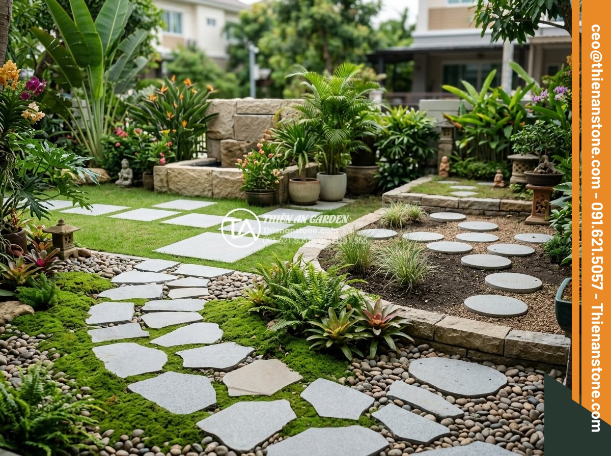 Lựa chọn đá dặm bước cho sân vườn nhỏ hẹp: Bí quyết nới rộng không gian - Gallery of popular stepping stone designs for small gardens: curved paths, irreg