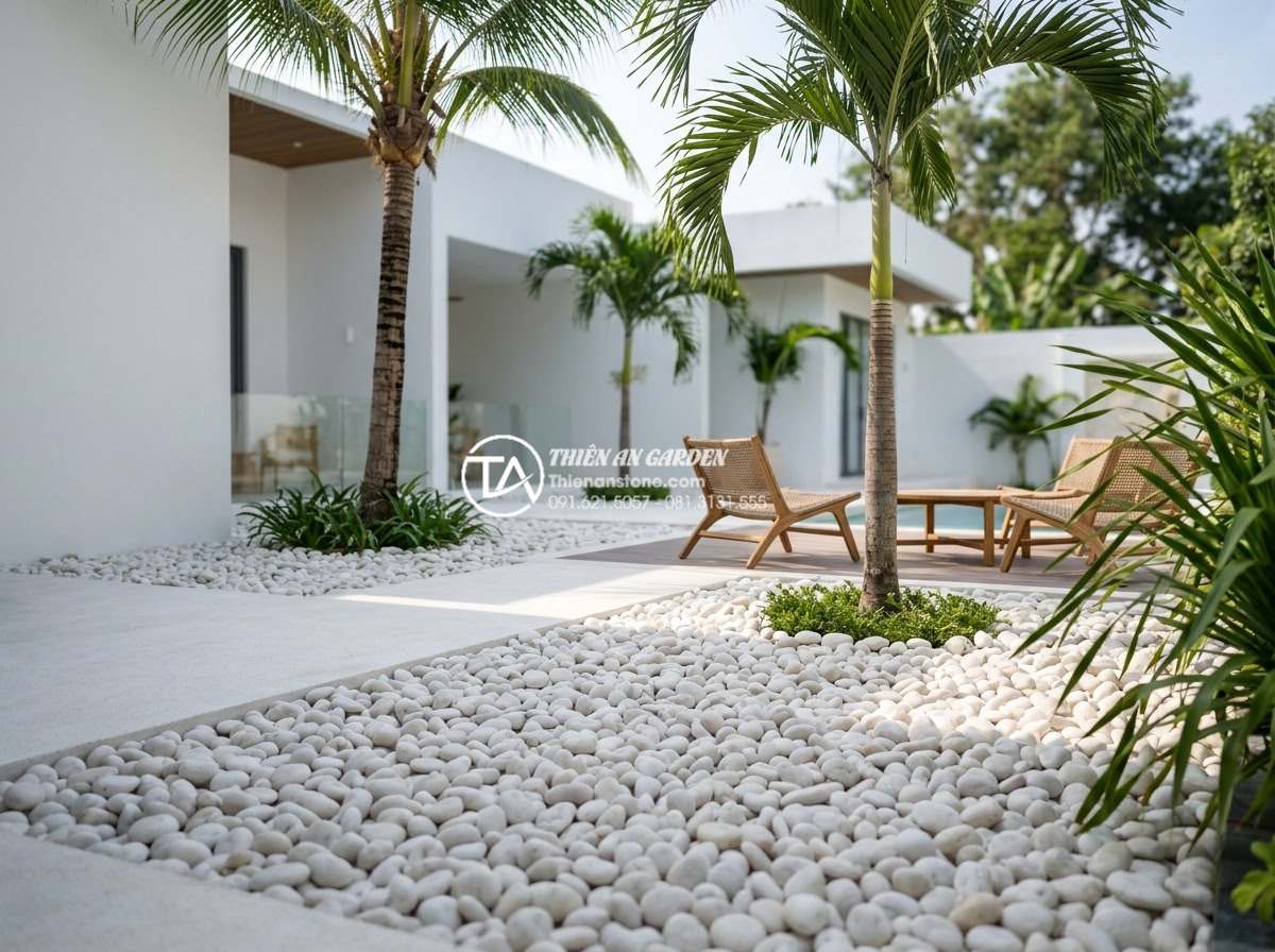Lựa Chọn Màu Sỏi Sân Vườn Phù Hợp Với Màu Sơn Nhà - Modern luxury villa garden with perfectly matched white gravel stones and white 