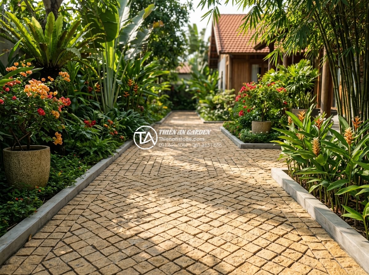 Mẹo phối màu đá cubic đen, xám, đỏ để tạo hoa văn ấn tượng - Wide angle view of a modern garden path paved with mixed black gray and red cubi
