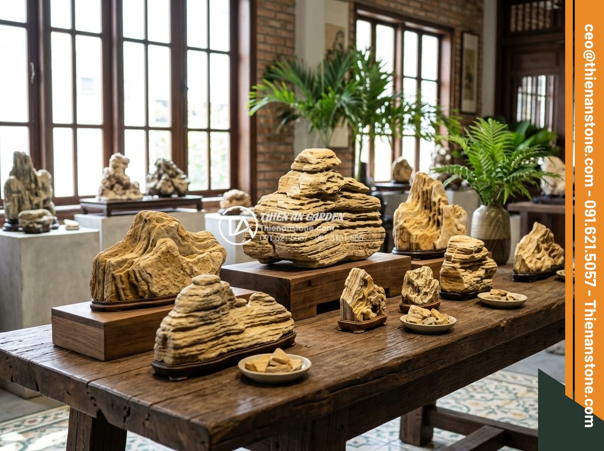 Mua đá cổ thạch ở đâu? Địa chỉ bán uy tín tại TPHCM và Hải Phòng - Customer selecting high-quality fossil stones at a reputable supplier showroom i