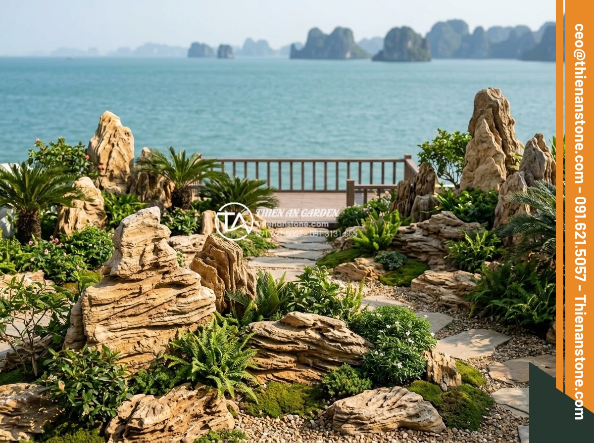 Mua đá cổ thạch ở đâu? Địa chỉ bán uy tín tại TPHCM và Hải Phòng - Completed landscape project in Hai Phong using fossil stones for garden decorati