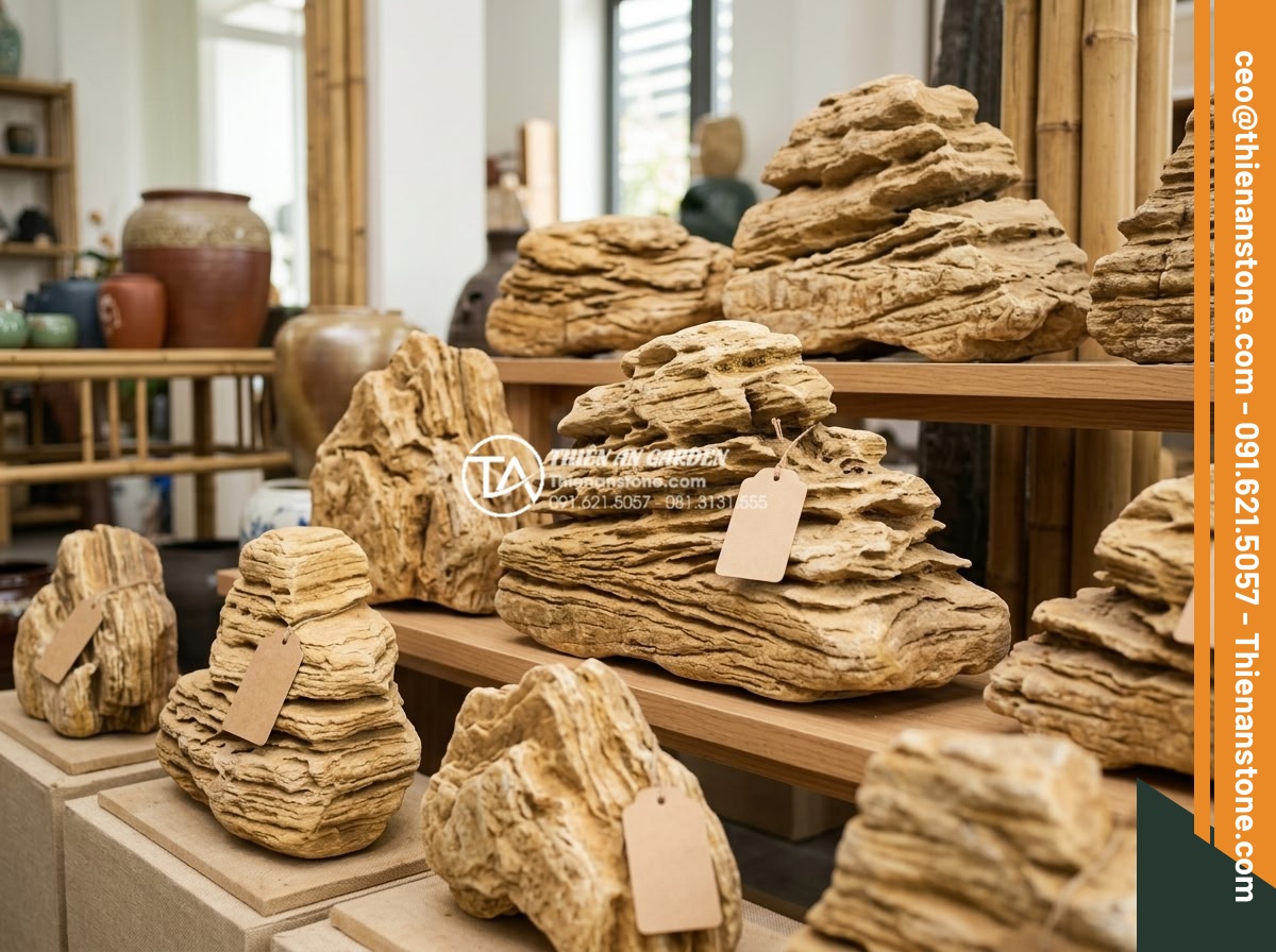 Mua đá cổ thạch ở đâu? Địa chỉ bán uy tín tại TPHCM và Hải Phòng - High-quality ancient stones with price tags in a showroom setting for customer r