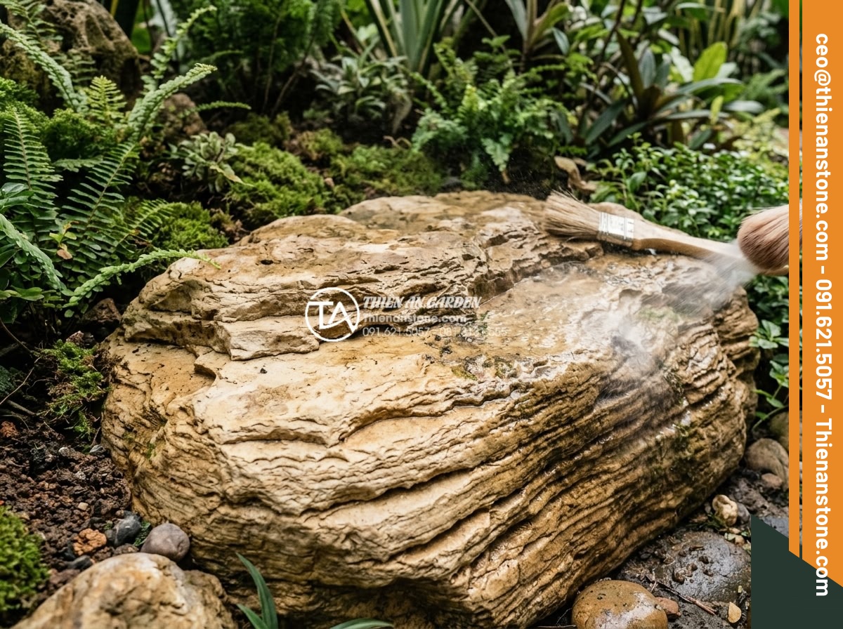 Mua đá cổ thạch ở đâu? Địa chỉ bán uy tín tại TPHCM và Hải Phòng - Maintenance process showing gentle cleaning of fossil stone surfaces in an outdo