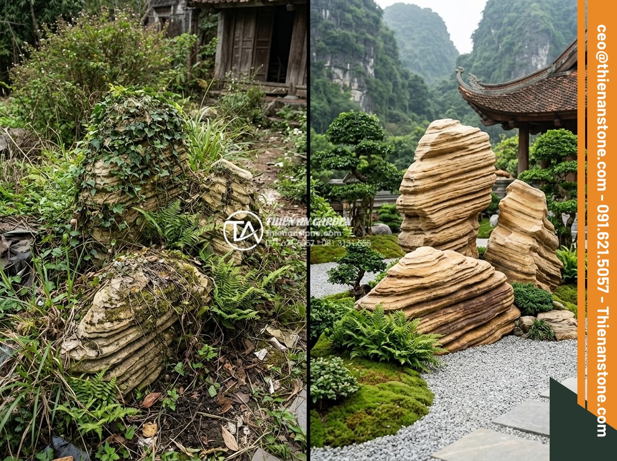 Mua đá cổ thạch ở đâu? Địa chỉ bán uy tín tại TPHCM và Hải Phòng - Before and after photos of properly maintained ancient fossil stones in landscap
