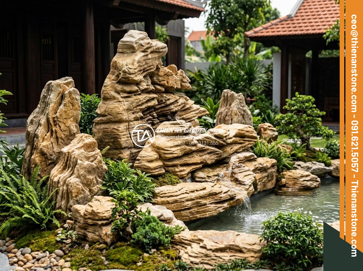Mua đá cổ thạch ở đâu? Địa chỉ bán uy tín tại TPHCM và Hải Phòng - Happy customers with completed fossil stone landscape project by Thien An team