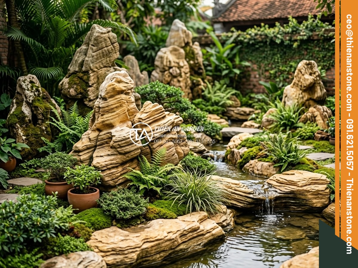 Mua đá cổ thạch ở đâu? Địa chỉ bán uy tín tại TPHCM và Hải Phòng - Luxurious garden landscape featuring multiple ancient fossil stones integrated w