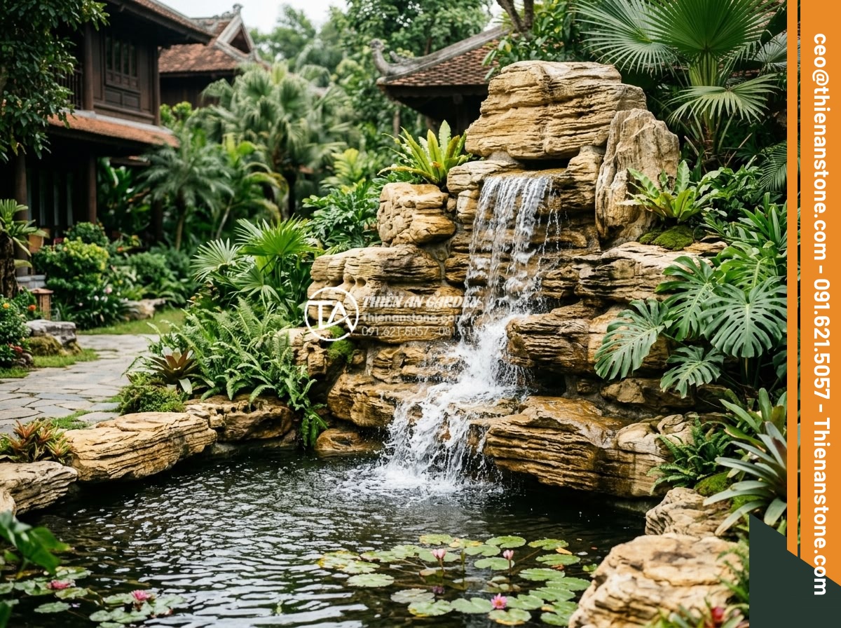 Mua đá cổ thạch ở đâu? Địa chỉ bán uy tín tại TPHCM và Hải Phòng - Realistic photo of artistic rockery and waterfall made from ancient fossil stone