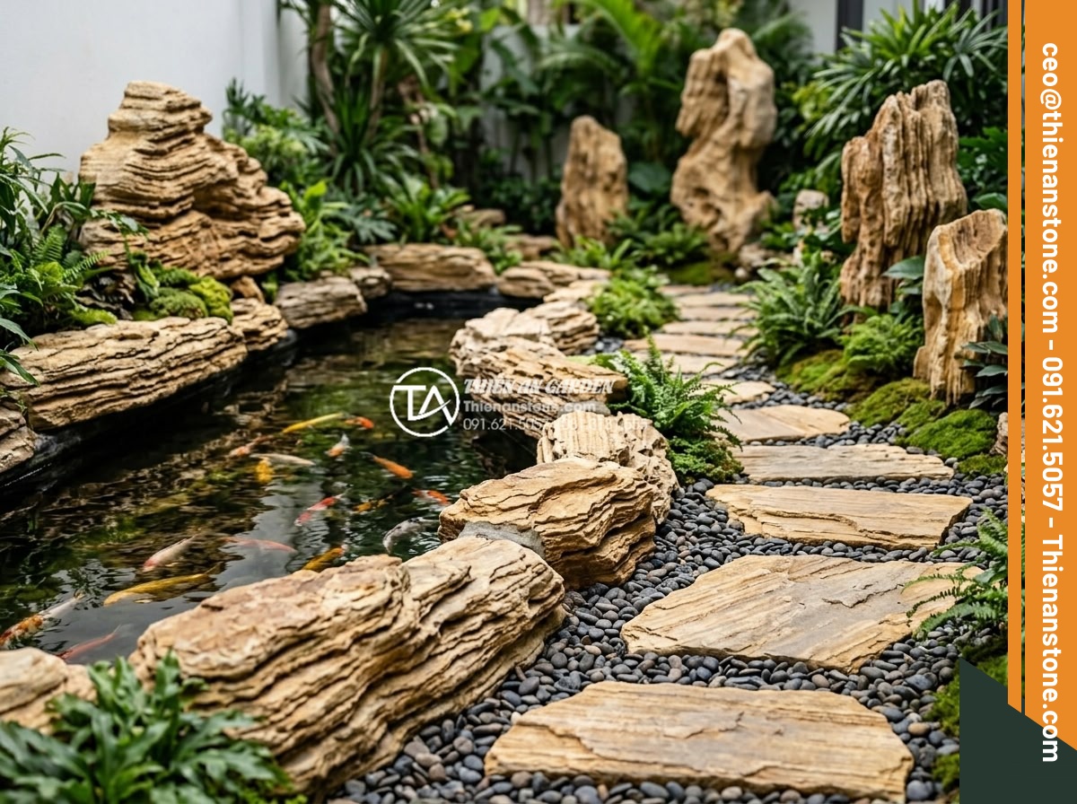 Mua đá cổ thạch ở đâu? Địa chỉ bán uy tín tại TPHCM và Hải Phòng - Creative applications of fossil stones in koi pond edging, garden pathways, and 